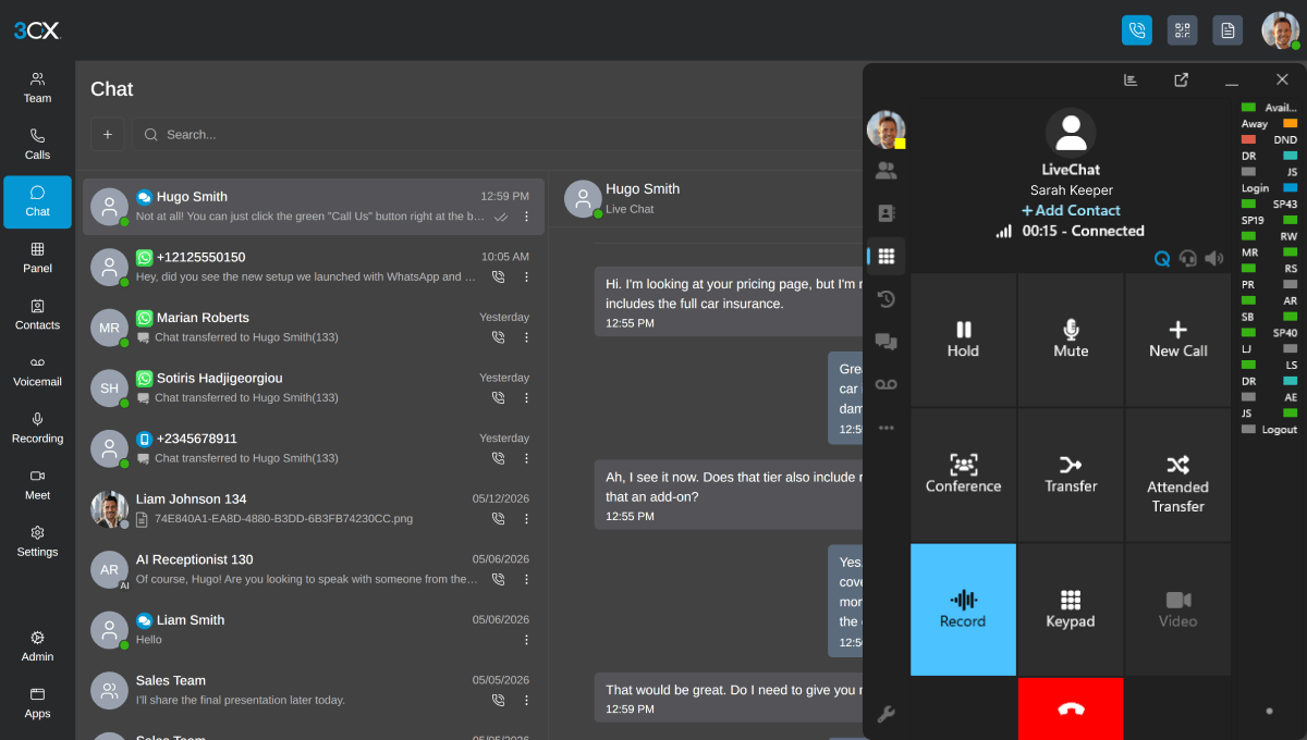 3CX live chat - call pbx view
