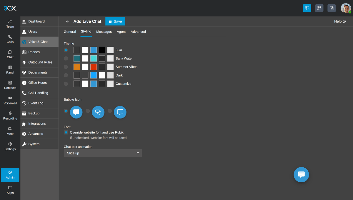 3CX live chat - styling settings